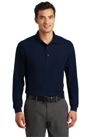 Port Authority Mens Silk Touch Wrinkle Resistant Long Sleeve Polo Shirt w/ Pocket - Navy Blue  Premium quality Clothing Port-Authority