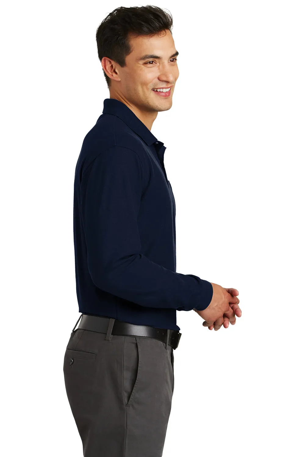 Port Authority Mens Silk Touch Wrinkle Resistant Long Sleeve Polo Shirt w/ Pocket - Navy Blue  Premium quality Clothing Port-Authority