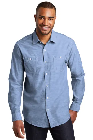 Port Authority Mens Slub Chambray Long Sleeve Button Down Shirt w/ Double Pockets - Light Blue  Premium quality Clothing Port-Authority