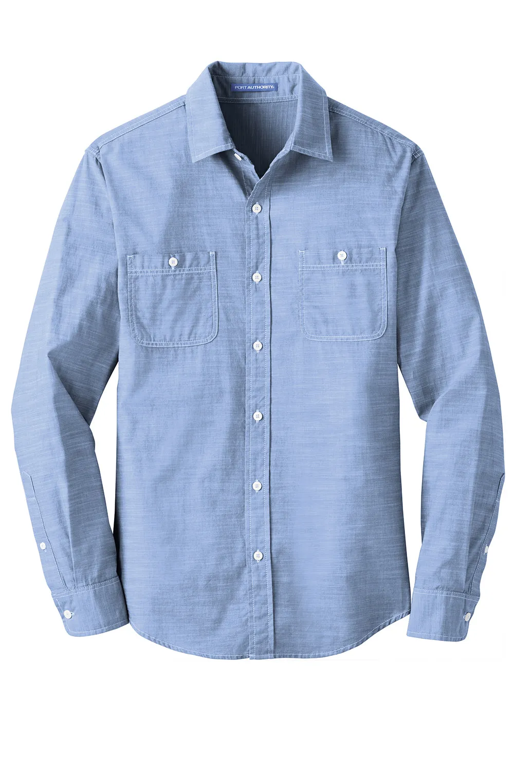 Port Authority Mens Slub Chambray Long Sleeve Button Down Shirt w/ Double Pockets - Light Blue  Premium quality Clothing Port-Authority