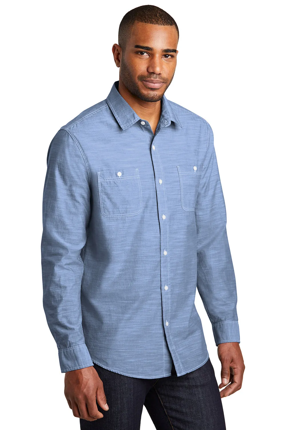 Port Authority Mens Slub Chambray Long Sleeve Button Down Shirt w/ Double Pockets - Light Blue  Premium quality Clothing Port-Authority