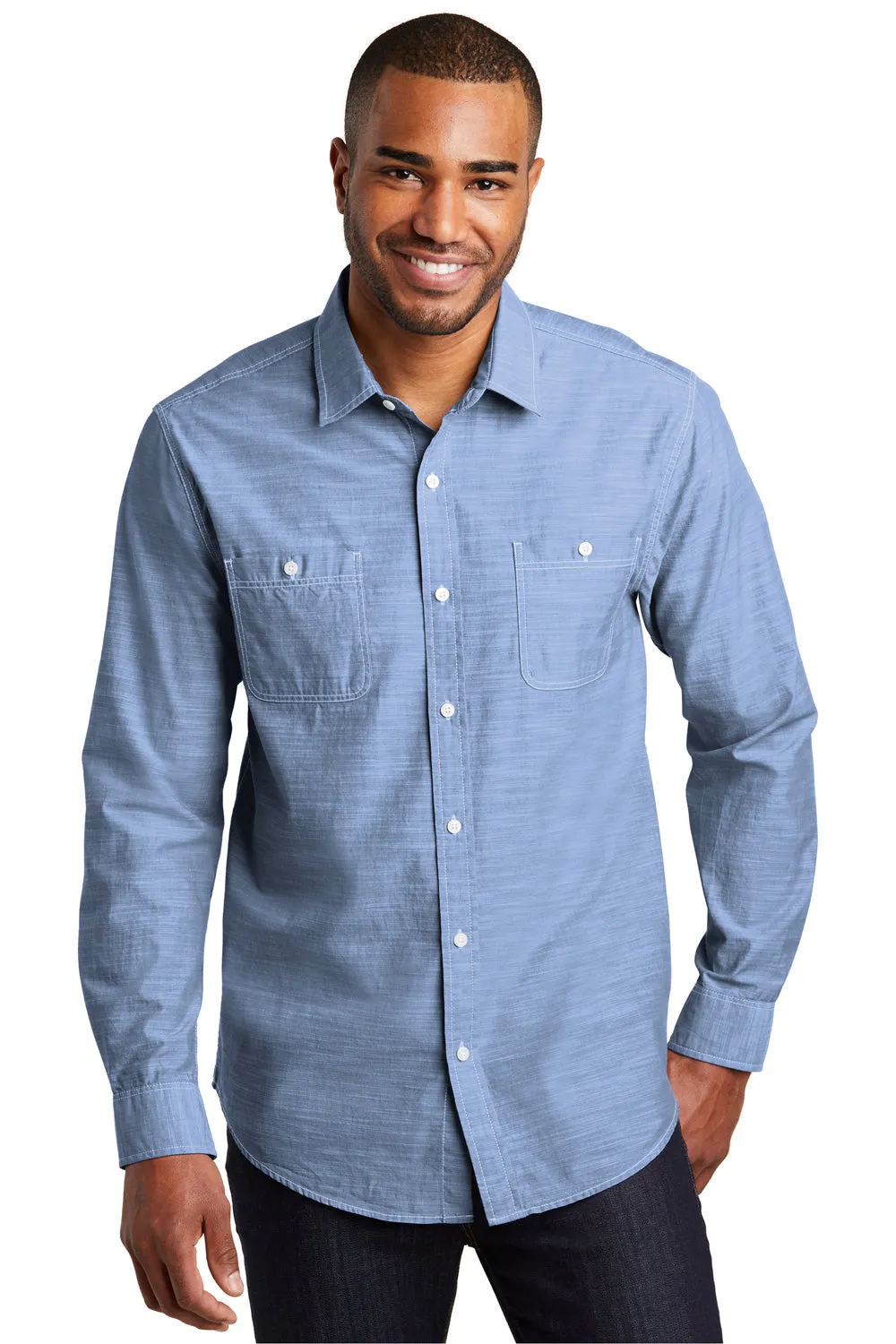 Port Authority Mens Slub Chambray Long Sleeve Button Down Shirt w/ Double Pockets - Light Blue  Premium quality Clothing Port-Authority
