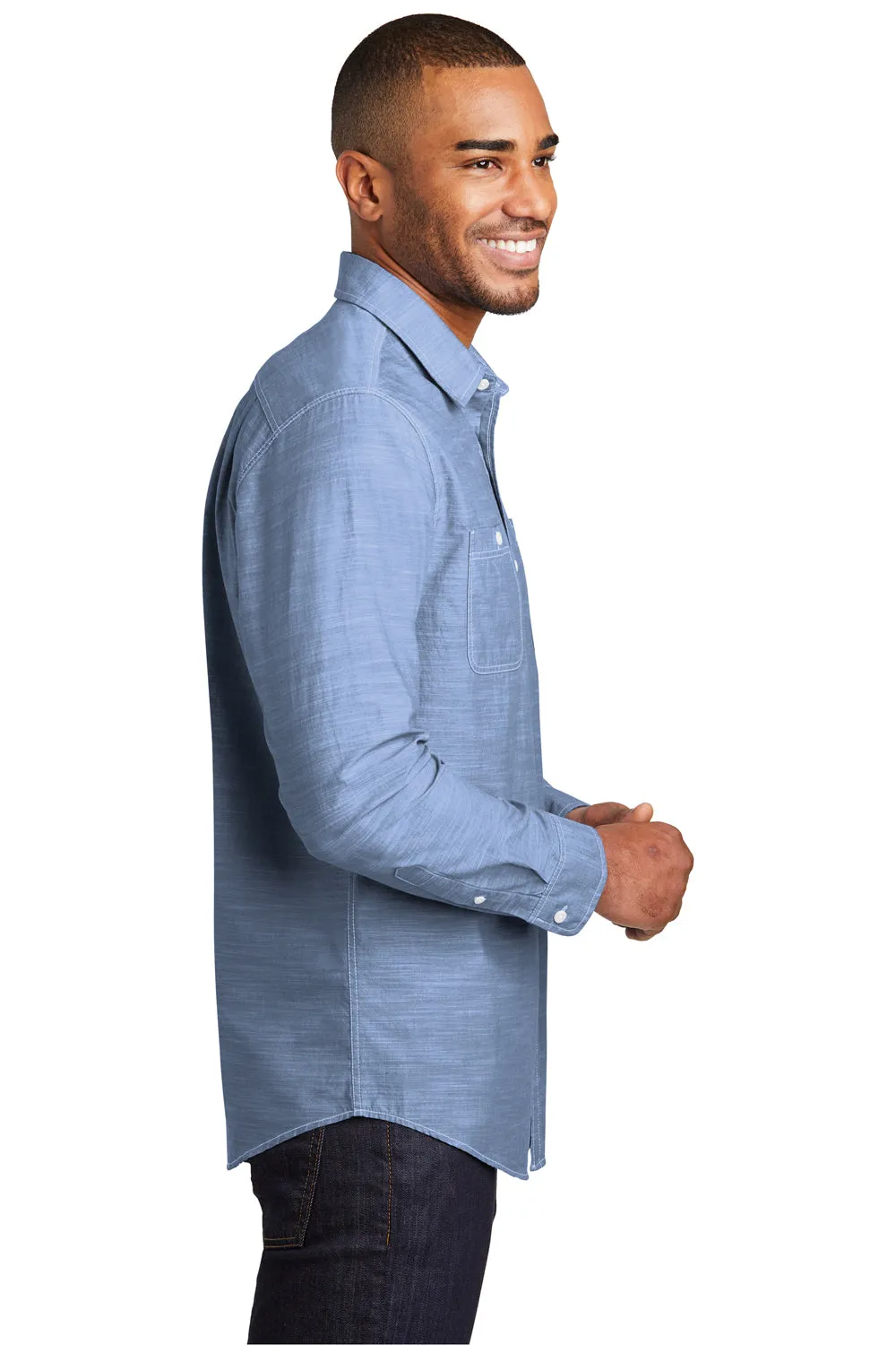 Port Authority Mens Slub Chambray Long Sleeve Button Down Shirt w/ Double Pockets - Light Blue  Premium quality Clothing Port-Authority