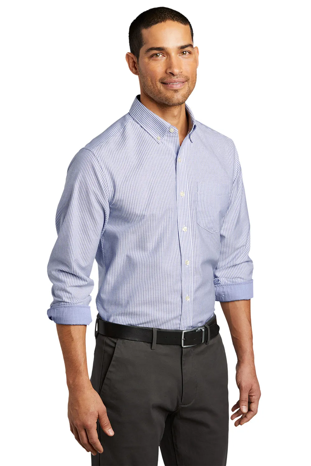 Port Authority Mens SuperPro Wrinkle Resistant Long Sleeve Button Down Shirt w/ Pocket - Oxford Blue/White - Closeout  Premium quality Clothing Port-Authority