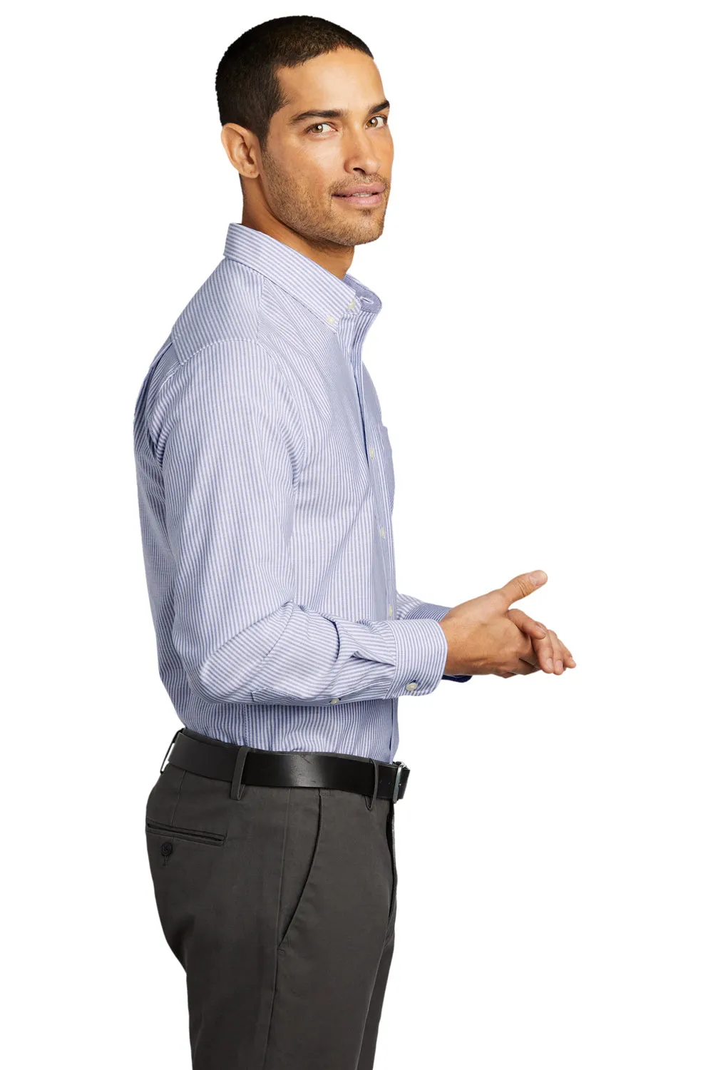 Port Authority Mens SuperPro Wrinkle Resistant Long Sleeve Button Down Shirt w/ Pocket - Oxford Blue/White - Closeout  Premium quality Clothing Port-Authority