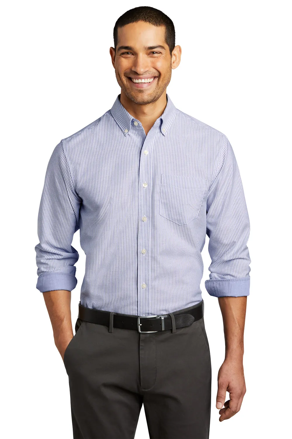 Port Authority Mens SuperPro Wrinkle Resistant Long Sleeve Button Down Shirt w/ Pocket - Oxford Blue/White - Closeout  Premium quality Clothing Port-Authority