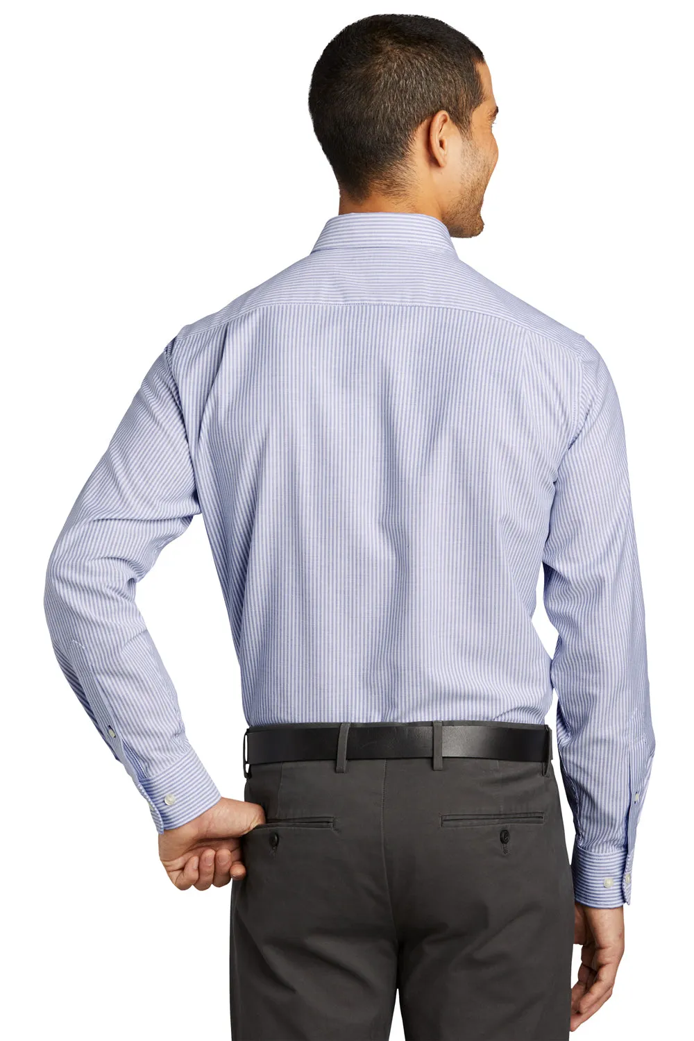 Port Authority Mens SuperPro Wrinkle Resistant Long Sleeve Button Down Shirt w/ Pocket - Oxford Blue/White - Closeout  Premium quality Clothing Port-Authority