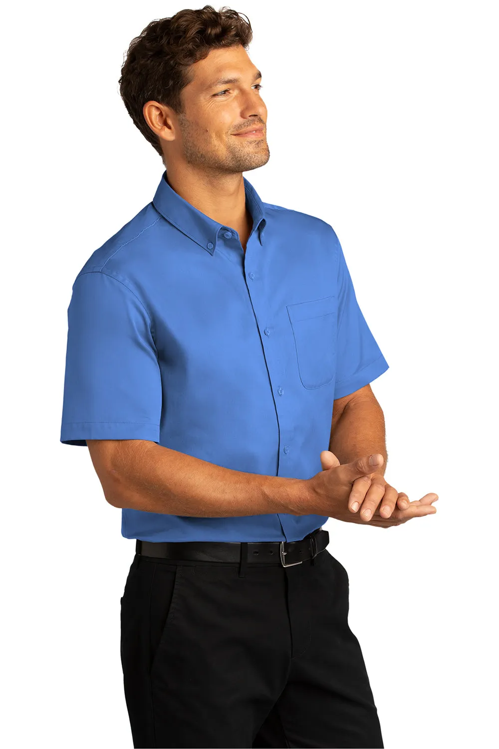 Port Authority Mens SuperPro Wrinkle Resistant React Short Sleeve Button Down Shirt w/ Pocket - Ultramarine Blue  Premium quality Clothing Port-Authority