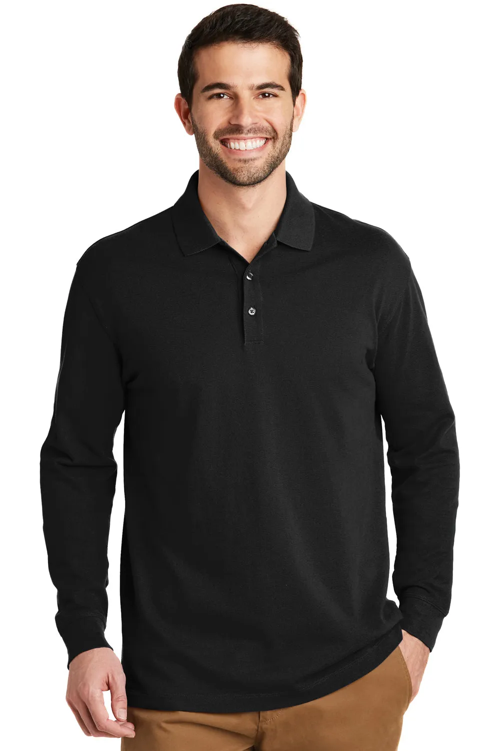 Port Authority Mens Wrinkle Resistant Long Sleeve Polo Shirt - Black  Premium quality Clothing Port-Authority