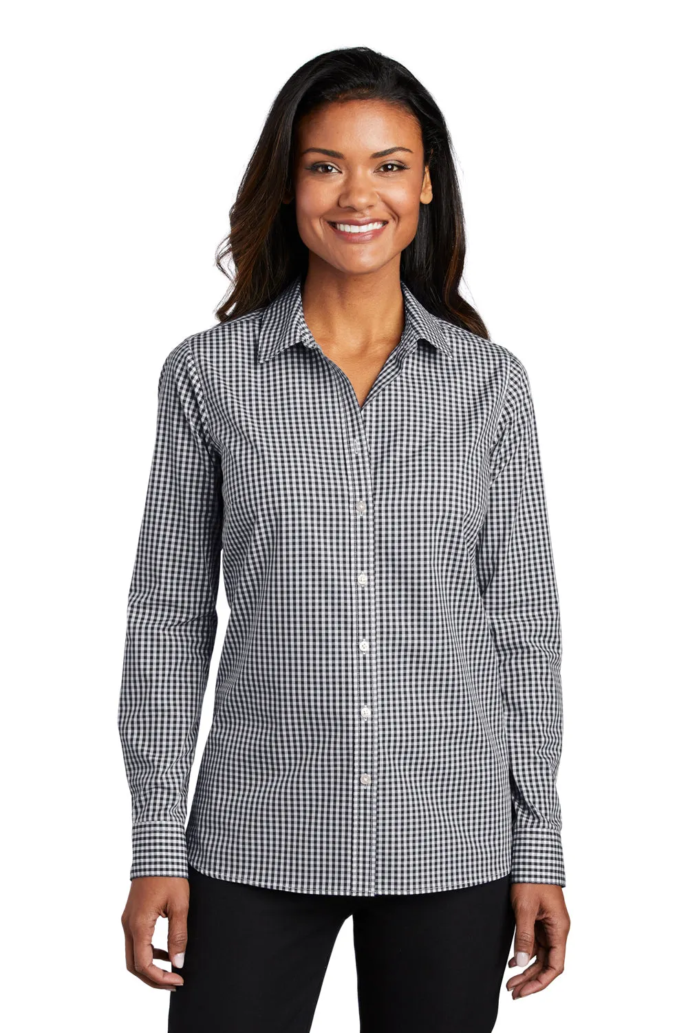 Port Authority Womens Broadcloth Gingham Wrinkle Resistant Long Sleeve Button Down Shirt - Black/White - Closeout  Premium quality Clothing Port-Authority