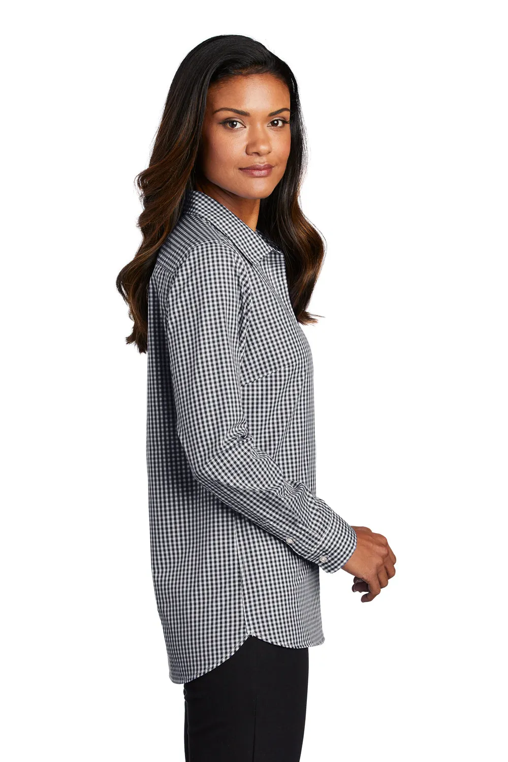 Port Authority Womens Broadcloth Gingham Wrinkle Resistant Long Sleeve Button Down Shirt - Black/White - Closeout  Premium quality Clothing Port-Authority
