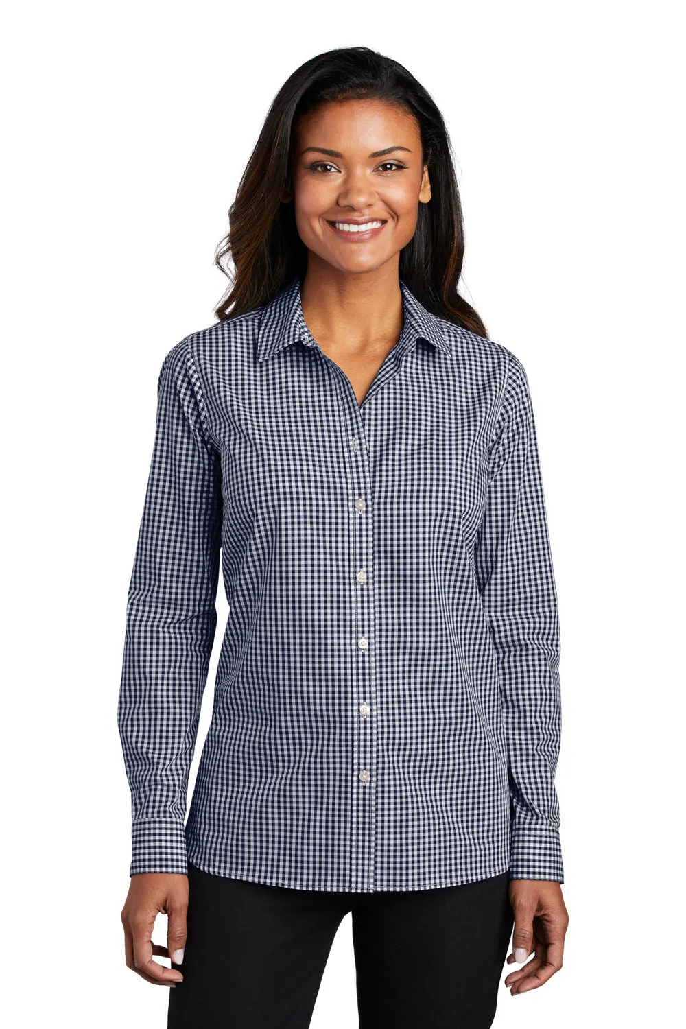 Port Authority Womens Broadcloth Gingham Wrinkle Resistant Long Sleeve Button Down Shirt - True Navy Blue/White - Closeout  Premium quality Clothing Port-Authority