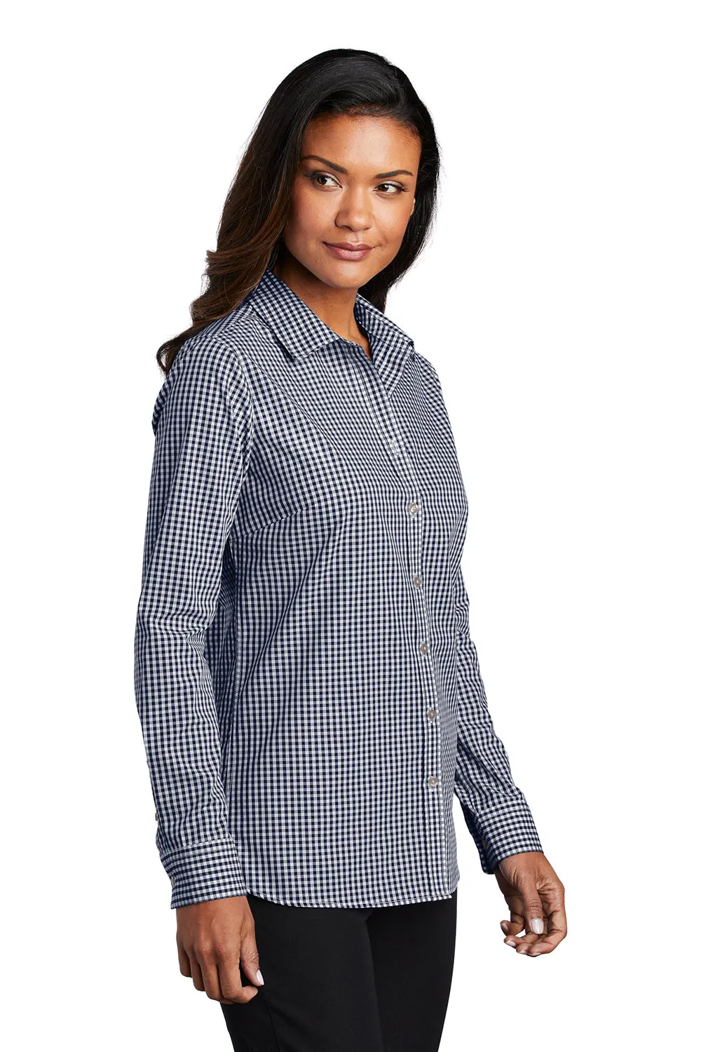 Port Authority Womens Broadcloth Gingham Wrinkle Resistant Long Sleeve Button Down Shirt - True Navy Blue/White - Closeout  Premium quality Clothing Port-Authority