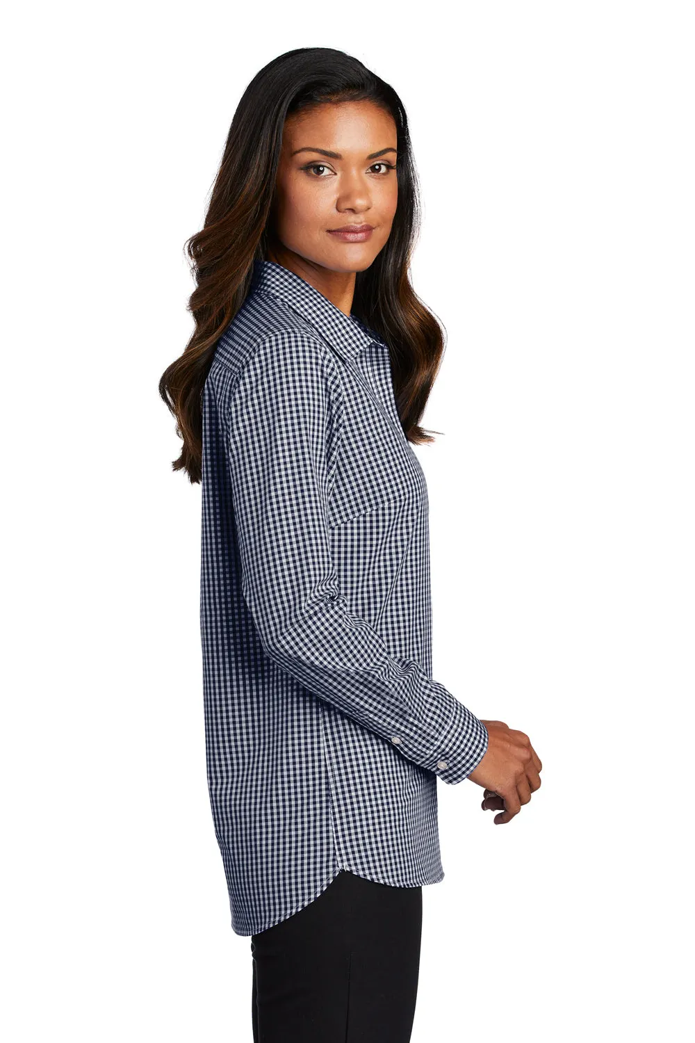 Port Authority Womens Broadcloth Gingham Wrinkle Resistant Long Sleeve Button Down Shirt - True Navy Blue/White - Closeout  Premium quality Clothing Port-Authority