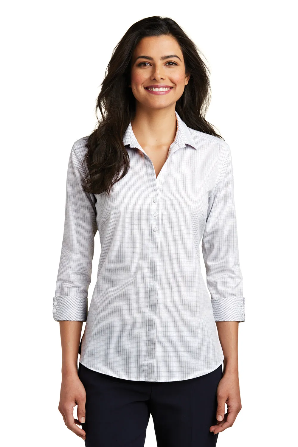 Port Authority Womens Easy Care Wrinkle Resistant 3/4 Sleeve Button Down Shirt - White/Dark Grey - Closeout  Premium quality Clothing Port-Authority