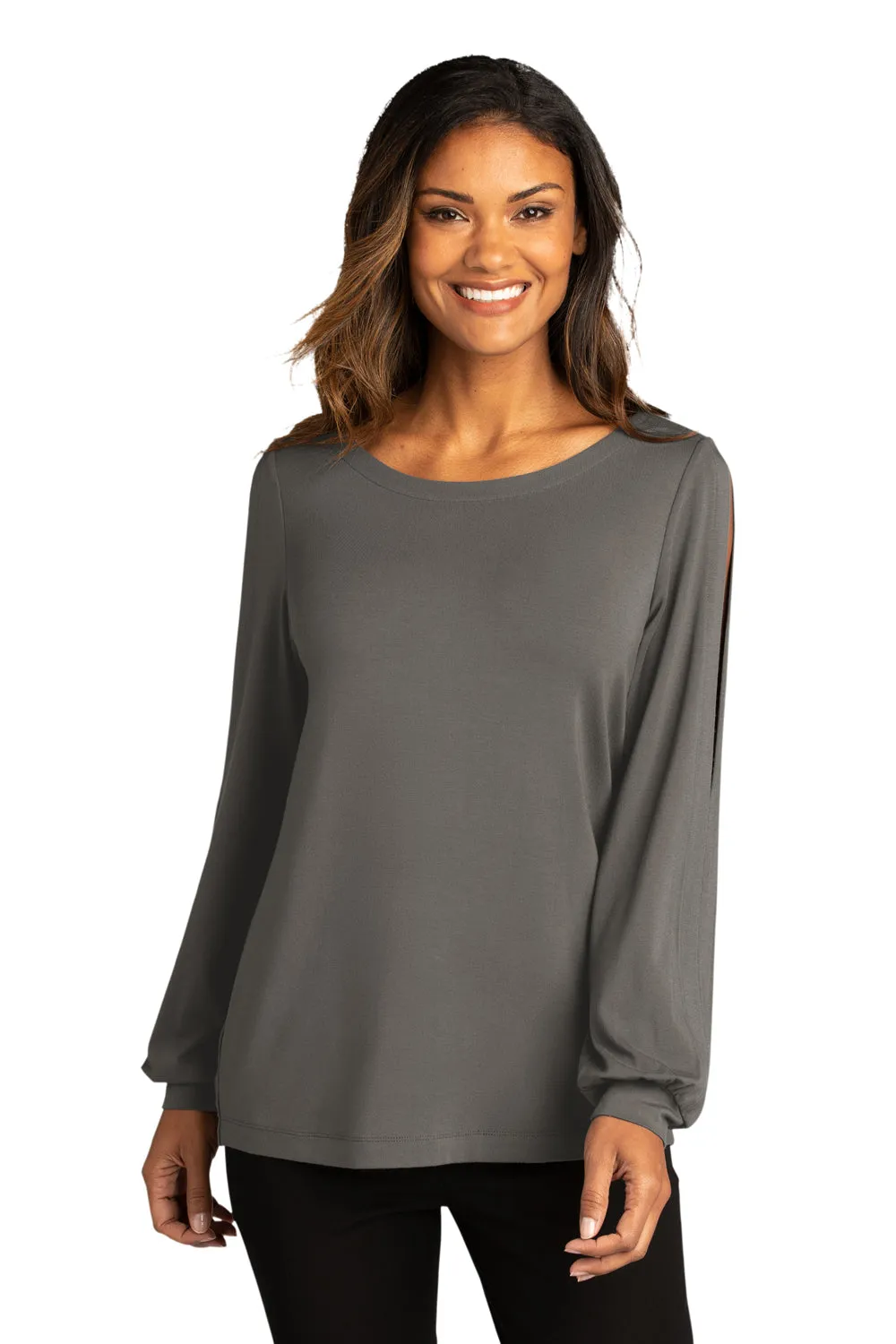 Port Authority Womens Luxe Knit Long Sleeve Wide Neck T-Shirt - Sterling Grey - Closeout  Premium quality Clothing Port-Authority
