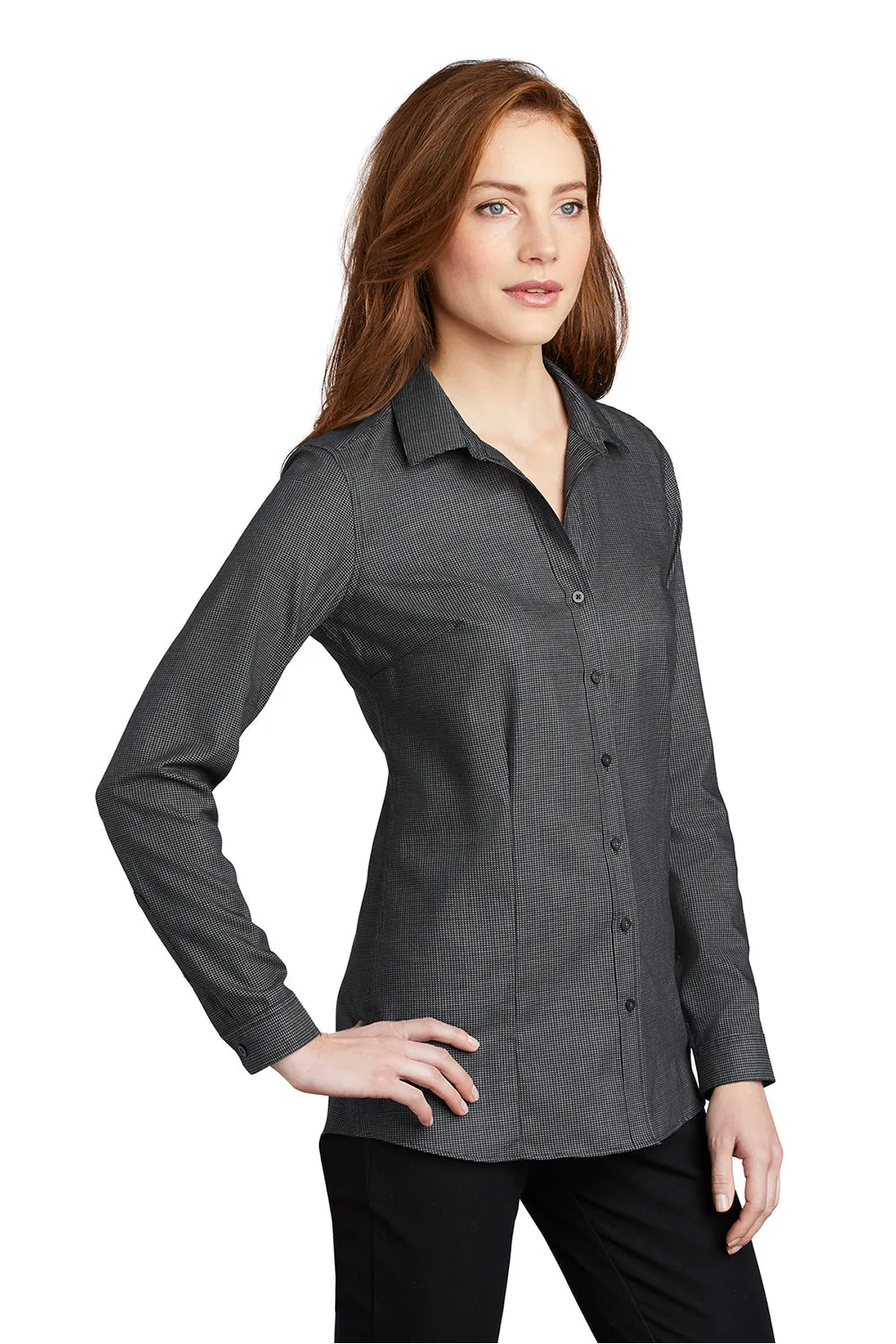 Port Authority Womens Pincheck Wrinkle Resistant Long Sleeve Button Down Shirt - Black/Steel Grey - Closeout  Premium quality Clothing Port-Authority