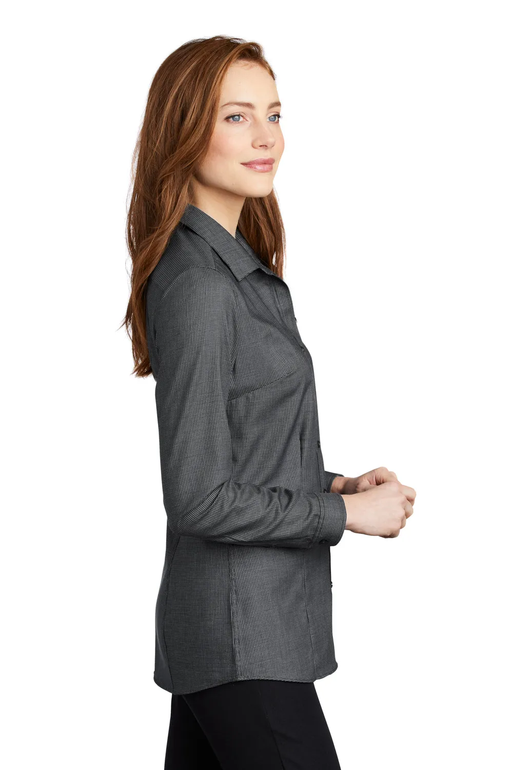 Port Authority Womens Pincheck Wrinkle Resistant Long Sleeve Button Down Shirt - Black/Steel Grey - Closeout  Premium quality Clothing Port-Authority