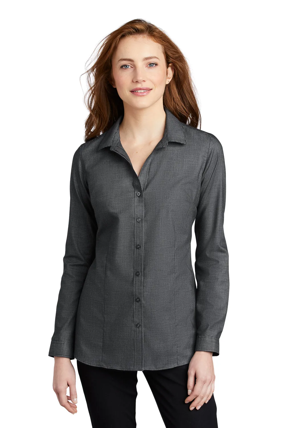 Port Authority Womens Pincheck Wrinkle Resistant Long Sleeve Button Down Shirt - Black/Steel Grey - Closeout  Premium quality Clothing Port-Authority