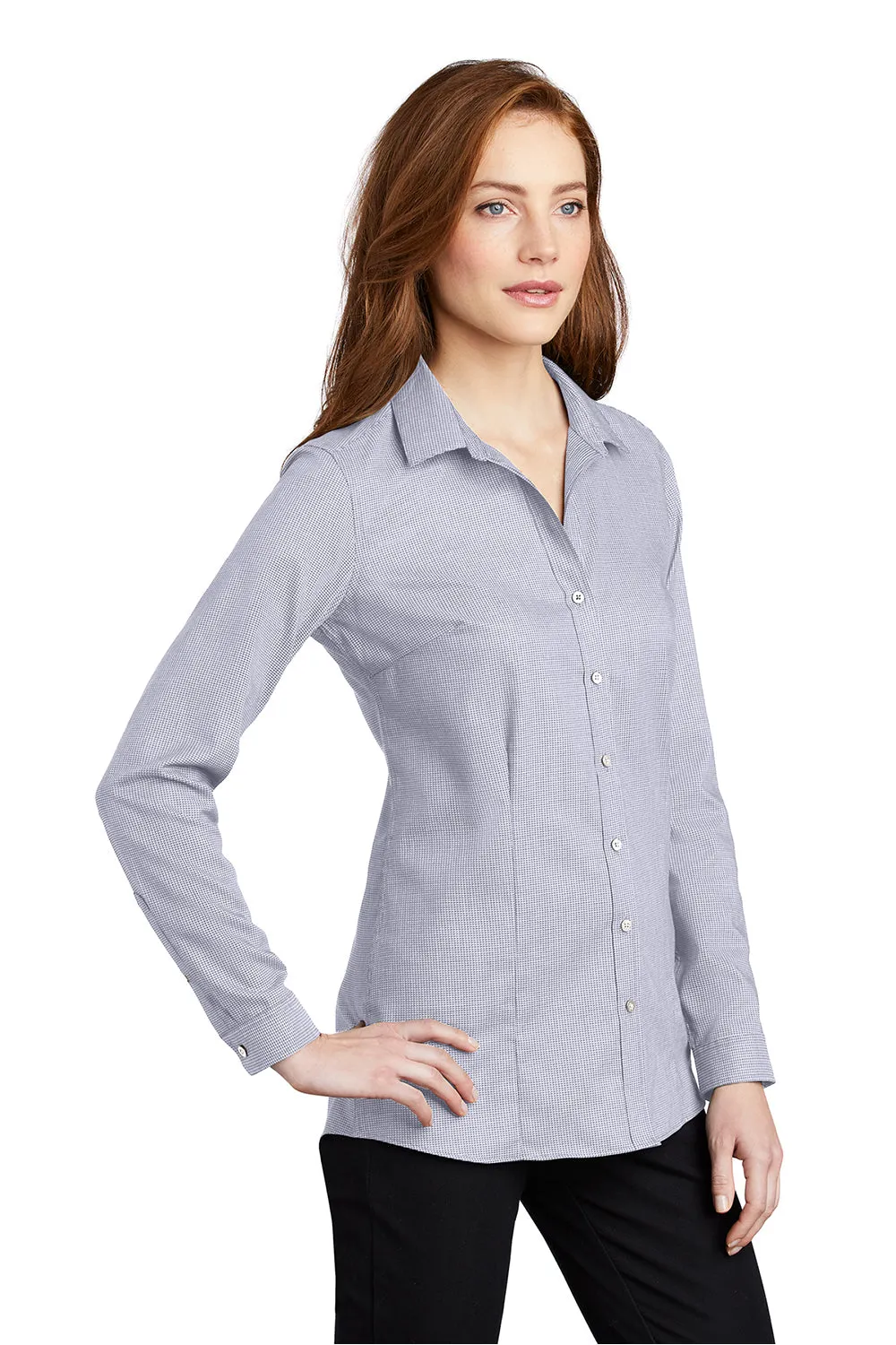 Port Authority Womens Pincheck Wrinkle Resistant Long Sleeve Button Down Shirt - Gusty Grey/White - Closeout  Premium quality Clothing Port-Authority