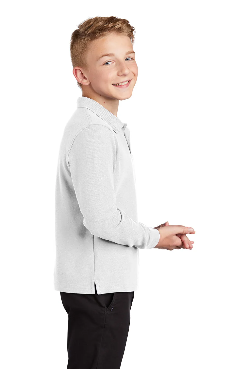 Port Authority Youth Silk Touch Wrinkle Resistant Long Sleeve Polo Shirt - White  Premium quality Clothing Port-Authority