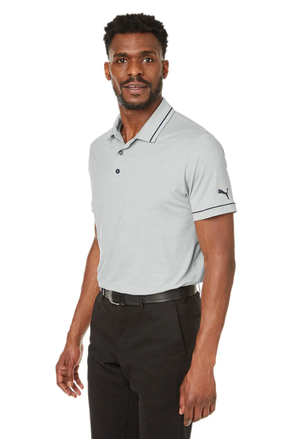 Puma Mens Cloudspun Monarch Moisture Wicking Short Sleeve Polo Shirt - Heather High Rise Grey/Navy Blue  Choose your new Clothing Puma
