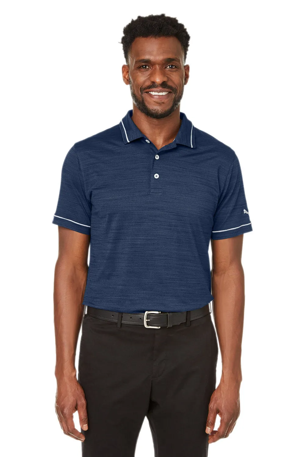 Puma Mens Cloudspun Monarch Moisture Wicking Short Sleeve Polo Shirt - Heather Navy Blue/High Rise Grey  Choose your new Clothing Puma