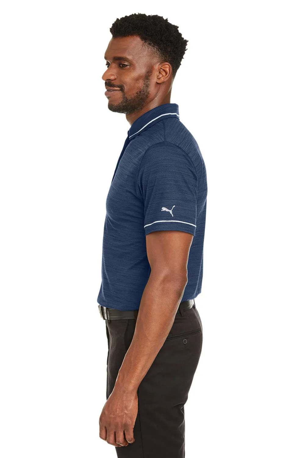 Puma Mens Cloudspun Monarch Moisture Wicking Short Sleeve Polo Shirt - Heather Navy Blue/High Rise Grey  Choose your new Clothing Puma