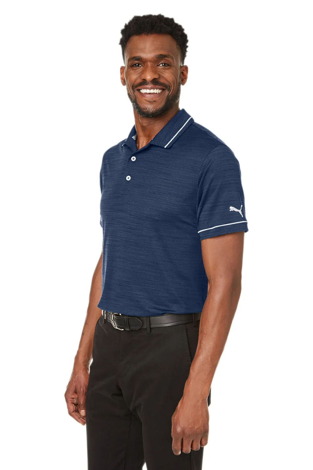 Puma Mens Cloudspun Monarch Moisture Wicking Short Sleeve Polo Shirt - Heather Navy Blue/High Rise Grey  Choose your new Clothing Puma