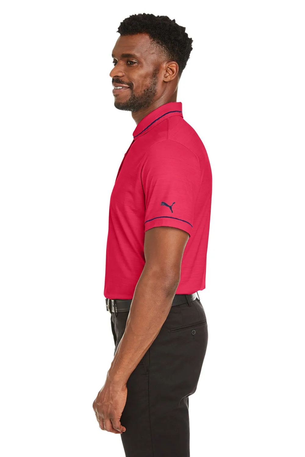 Puma Mens Cloudspun Monarch Moisture Wicking Short Sleeve Polo Shirt - Heather Teaberry Red/Navy Blue  Choose your new Clothing Puma