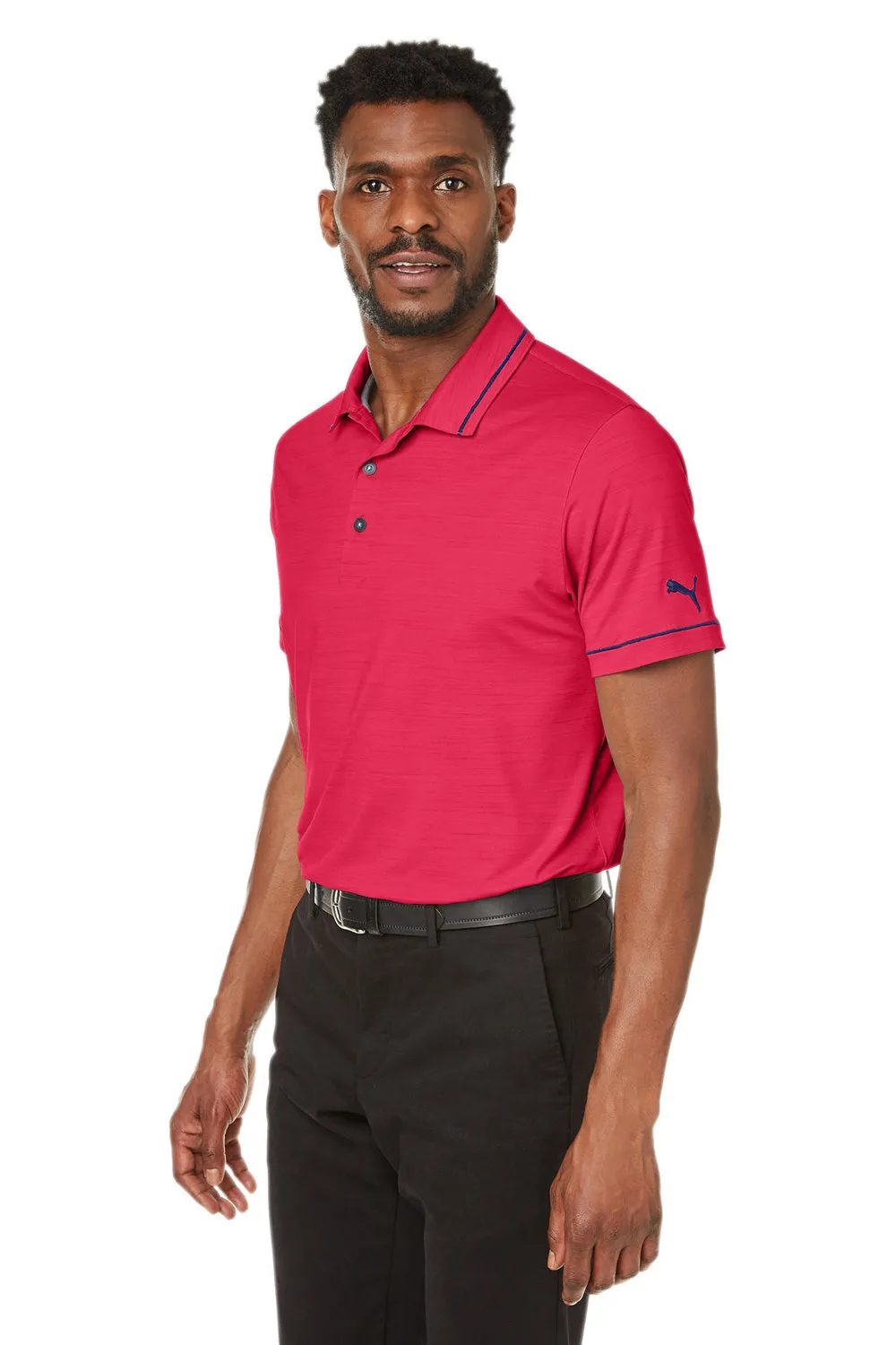 Puma Mens Cloudspun Monarch Moisture Wicking Short Sleeve Polo Shirt - Heather Teaberry Red/Navy Blue  Choose your new Clothing Puma