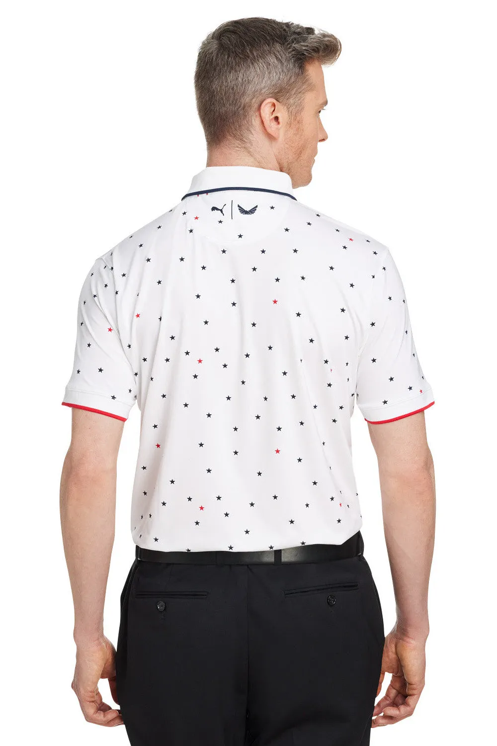Puma Mens Volition Skylight Moisture Wicking Short Sleeve Polo Shirt - Bright White/Navy Blue/Red  Choose your new Clothing Puma