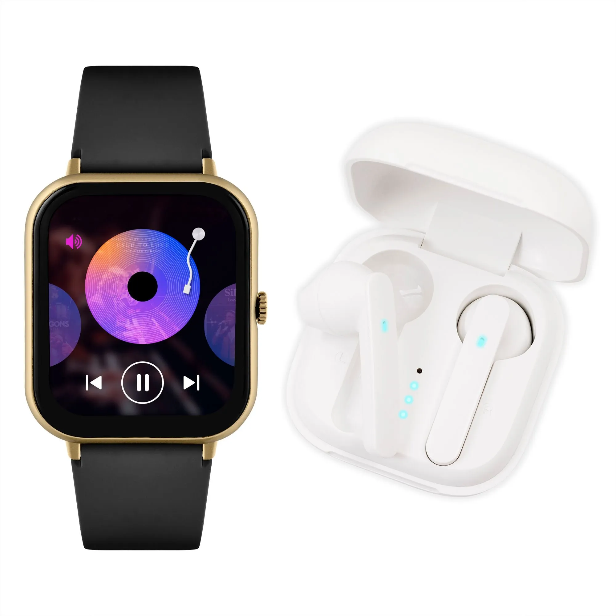 Reflex Active Series 23 Gold Case & Black Silicone Strap Ear Buds Bundle Watch RA23-2168-TWS 