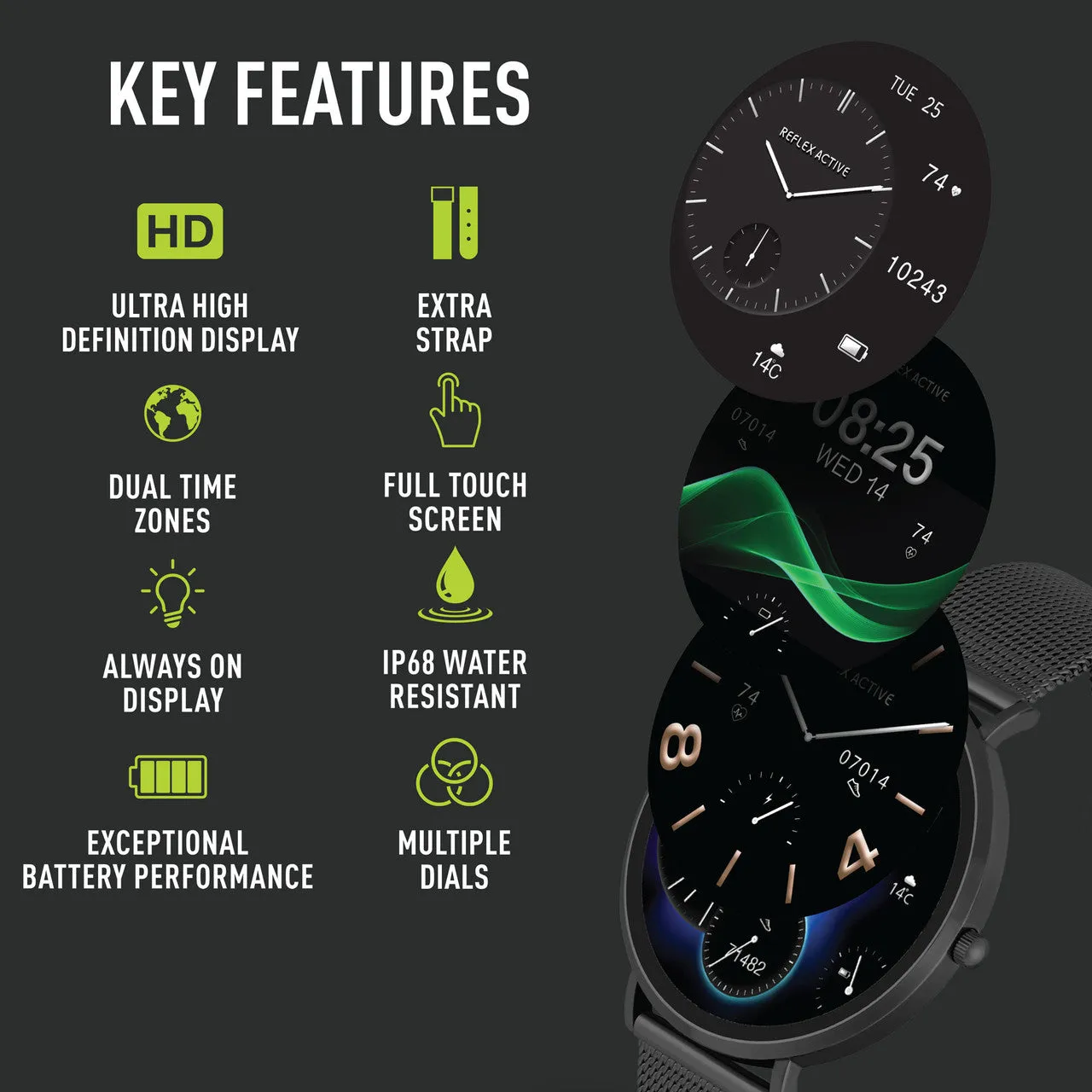 Reflex Active SERIES 42 AMOLED Ultra Slim Black Mesh   Grey Silicone Strap Smart Watch RA42-2208