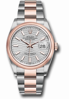 Rolex Everose Rolesor Datejust 36 Watch - Domed Bezel - Silver Fluted Motif Index Dial - Oyster Bracelet - 126201 sflmio 