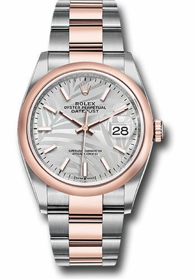 Rolex Everose Rolesor Datejust 36 Watch - Domed Bezel - Silver Palm Motif Index Dial - Oyster Bracelet - 126201 spmio 