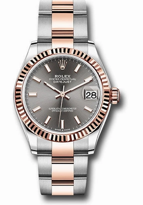 Rolex Steel and Everose Gold Datejust 31 Watch - Fluted Bezel - Dark Rhodium Index Dial - Oyster Bracelet 278271 dkrhio 