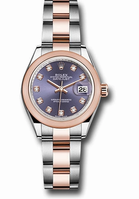 Rolex Steel and Everose Gold Rolesor Lady-Datejust 28 Watch - Domed Bezel - Aubergine Diamond Dial - Oyster Bracelet - 279161 audo 
