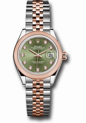 Rolex Steel and Everose Gold Rolesor Lady-Datejust 28 Watch - Domed Bezel - Olive Green Diamond Dial - Jubilee Bracelet - 279161 ogdj 