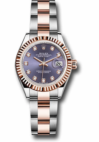Rolex Steel and Everose Gold Rolesor Lady-Datejust 28 Watch - Fluted Bezel - Aubergine Diamond Dial - Oyster Bracelet - 279171 audo 