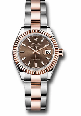 Rolex Steel and Everose Gold Rolesor Lady-Datejust 28 Watch - Fluted Bezel - Chocolate Index Dial - Oyster Bracelet - 279171 choio 