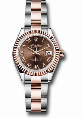 Rolex Steel and Everose Gold Rolesor Lady-Datejust 28 Watch - Fluted Bezel - Chocolate Roman Dial - Oyster Bracelet - 279171 choro 