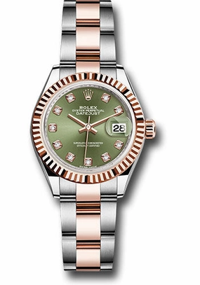 Rolex Steel and Everose Gold Rolesor Lady-Datejust 28 Watch - Fluted Bezel - Olive Green Diamond Dial - Oyster Bracelet - 279171 ogdo 
