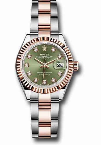 Rolex Steel and Everose Gold Rolesor Lady-Datejust 28 Watch - Fluted Bezel - Olive Green Diamond Dial - Oyster Bracelet - 279171 ogdo 