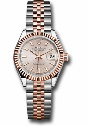 Rolex Steel and Everose Gold Rolesor Lady-Datejust 28 Watch - Fluted Bezel - Sundust Index Dial - Jubilee Bracelet - 279171 suij 