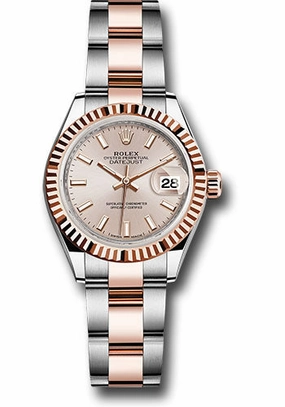 Rolex Steel and Everose Gold Rolesor Lady-Datejust 28 Watch - Fluted Bezel - Sundust Index Dial - Oyster Bracelet - 279171 suio 