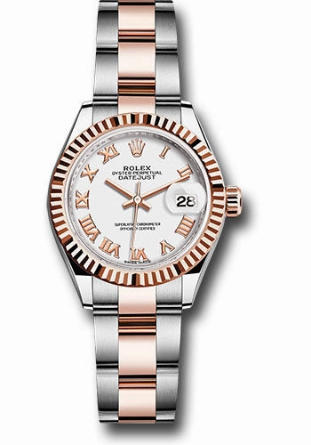 Rolex Steel and Everose Gold Rolesor Lady-Datejust 28 Watch - Fluted Bezel - White Roman Dial - Oyster Bracelet - 279171 wro 