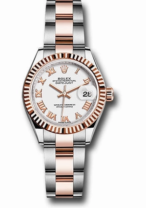 Rolex Steel and Everose Gold Rolesor Lady-Datejust 28 Watch - Fluted Bezel - White Roman Dial - Oyster Bracelet - 279171 wro 