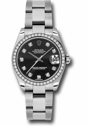 Rolex Steel and White Gold Datejust 31 Watch - 46 Diamond Bezel - Black Diamond Dial - Oyster Bracelet 178384 bkdo 
