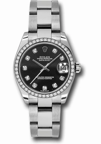 Rolex Steel and White Gold Datejust 31 Watch - 46 Diamond Bezel - Black Diamond Dial - Oyster Bracelet 178384 bkdo 